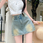 Women's High-Waisted Rhinestone Denim Skort, Gradient Wash Sparkly A-Line Mini Skirt With Built-in Shorts