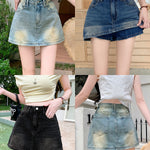 Women's High-Waisted Rhinestone Denim Skort, Gradient Wash Sparkly A-Line Mini Skirt With Built-in Shorts